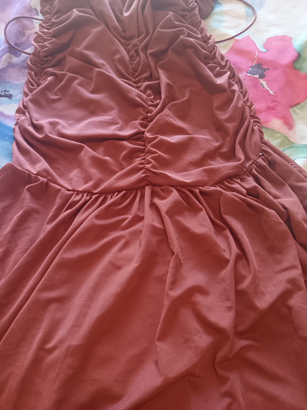 Musera Rust Brown V Neck Sheer Ruched Bodycon Maxi Dress Large - Picture 6 of 7